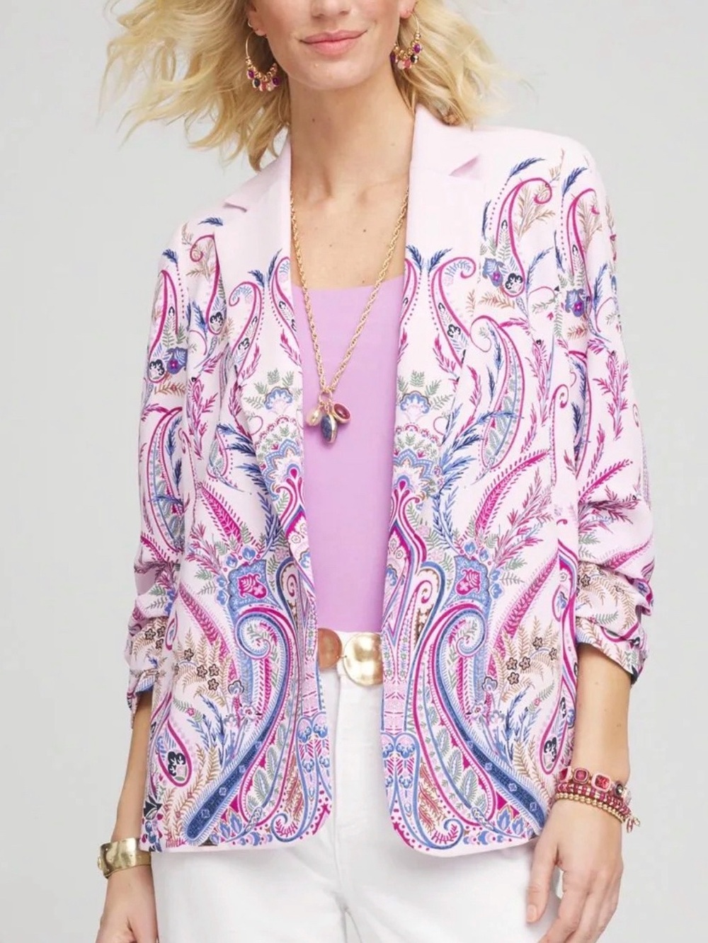 Chicos Blazer Women 4/US 20 Purple Paisley 3/4 Sleeve Pockets Open Front